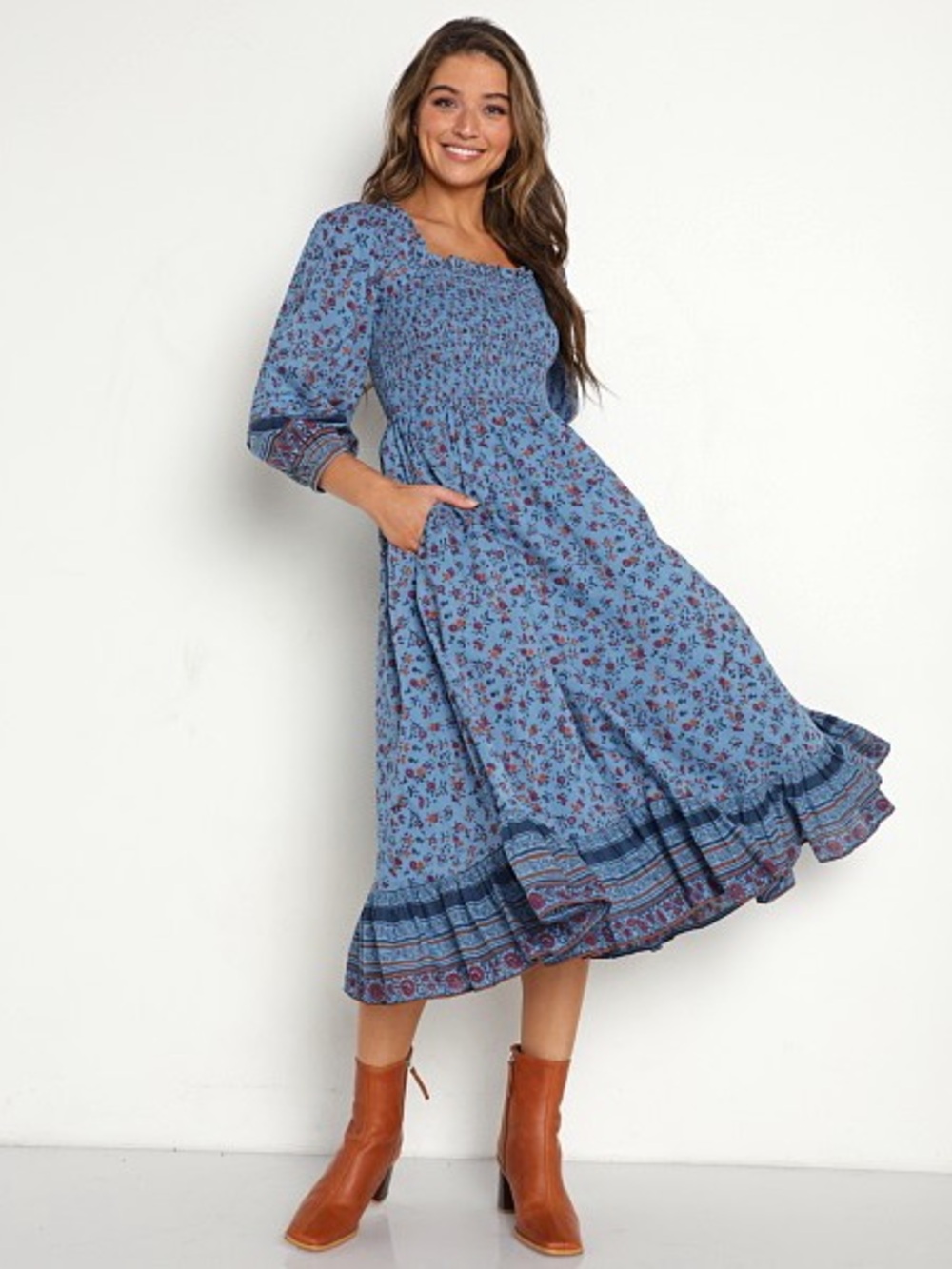 Cleobella Eva Midi Dress XS Lapis Blue Block Print Organic Cotton Smocked Boho